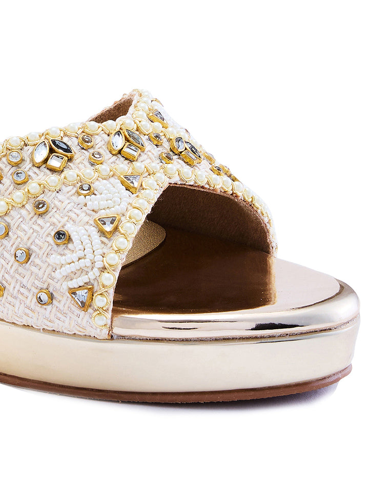Rocia By Regal Gold Women Kundan Work Platform Sandals