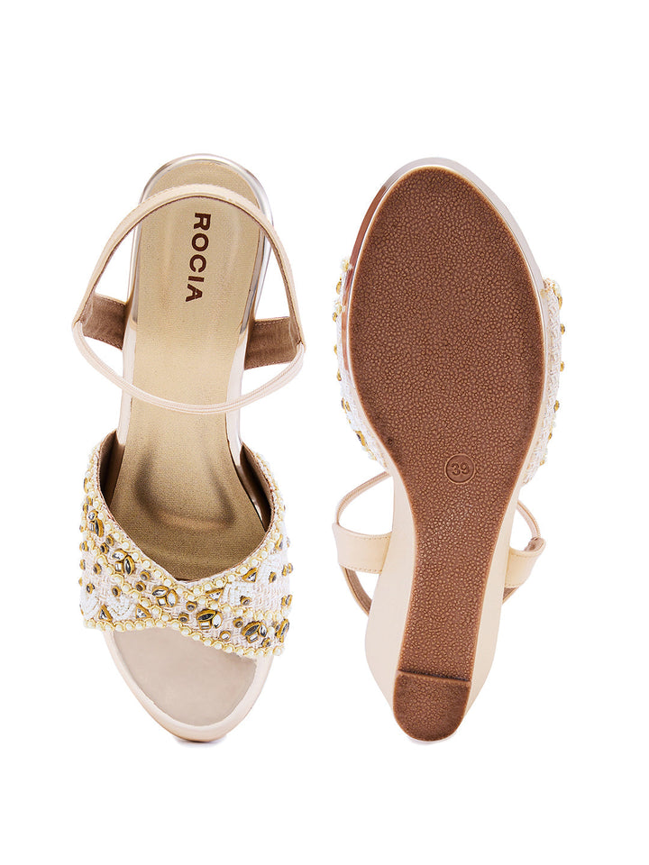 Rocia By Regal Gold Women Kundan Work Platform Sandals