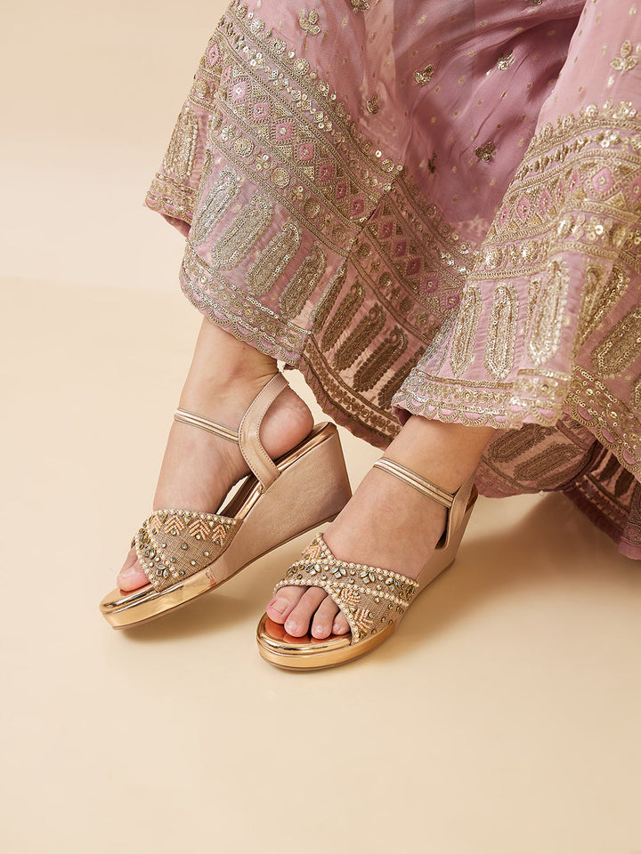 Rocia By Regal Rose Gold Women Kundan Work Platform Sandals