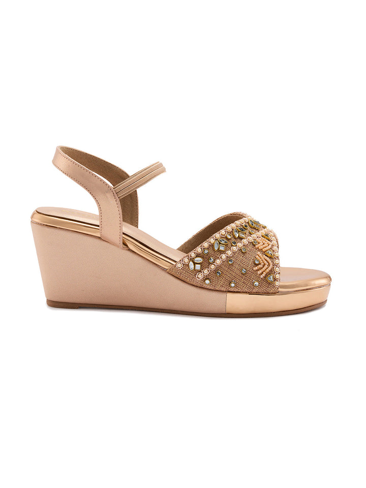 Rocia By Regal Rose Gold Women Kundan Work Platform Sandals