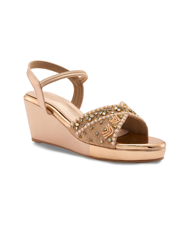 Rocia By Regal Rose Gold Women Kundan Work Platform Sandals