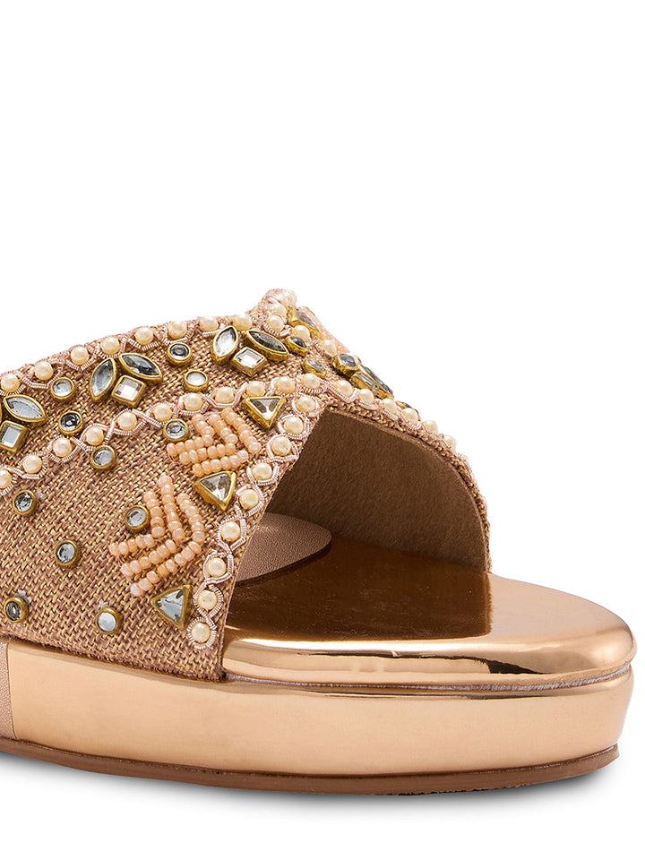 Rocia By Regal Rose Gold Women Kundan Work Platform Sandals