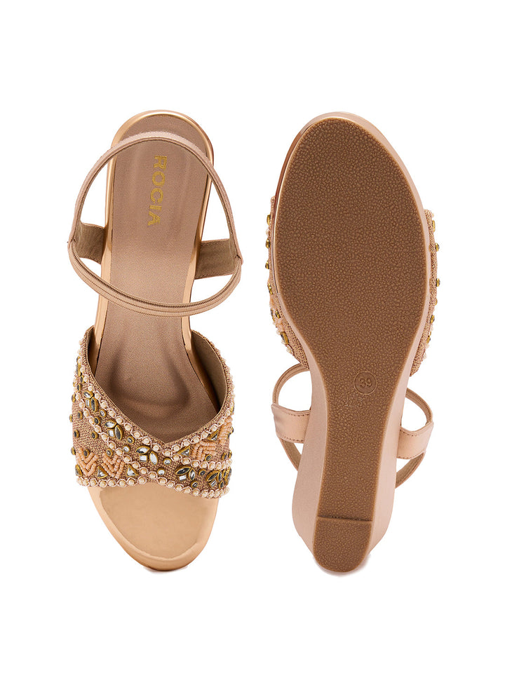 Rocia By Regal Rose Gold Women Kundan Work Platform Sandals