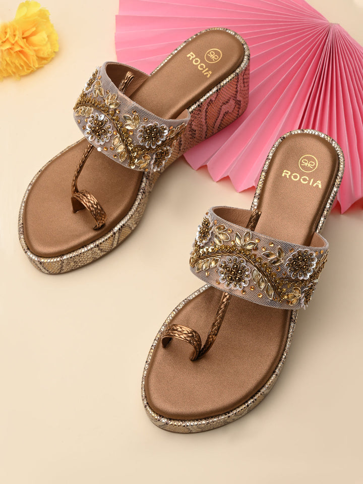 Rocia By Regal Antique Gold Women Heavy Embroidered One Toe Platforms