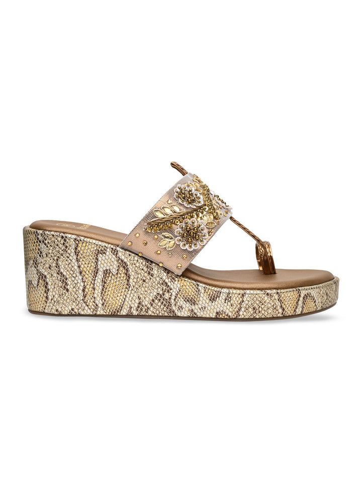 Rocia By Regal Antique Gold Women Heavy Embroidered One Toe Platforms
