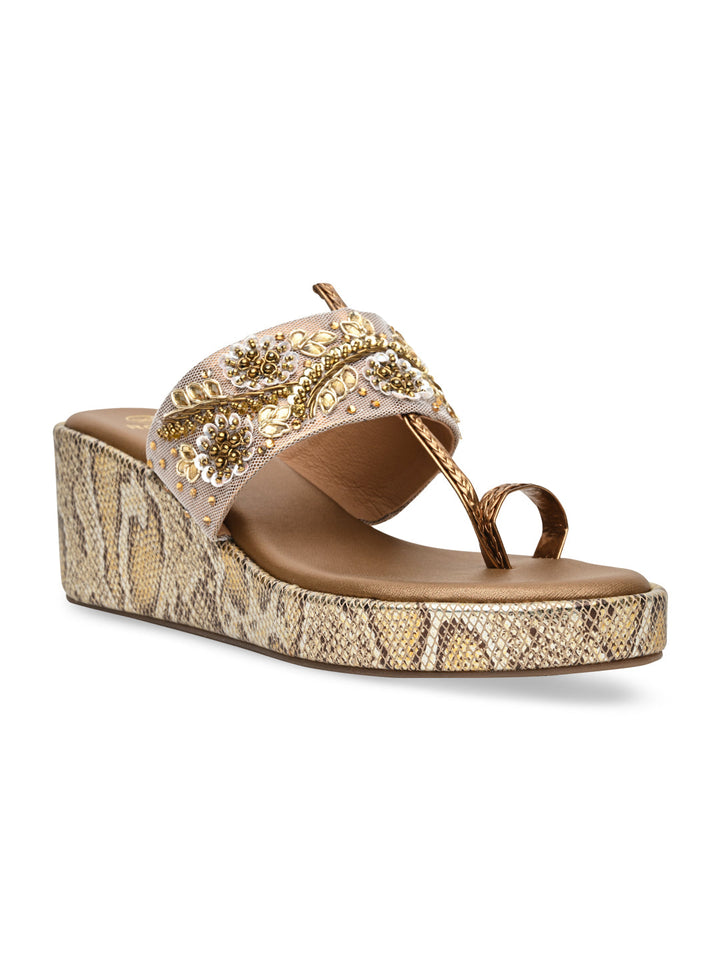 Rocia By Regal Antique Gold Women Heavy Embroidered One Toe Platforms