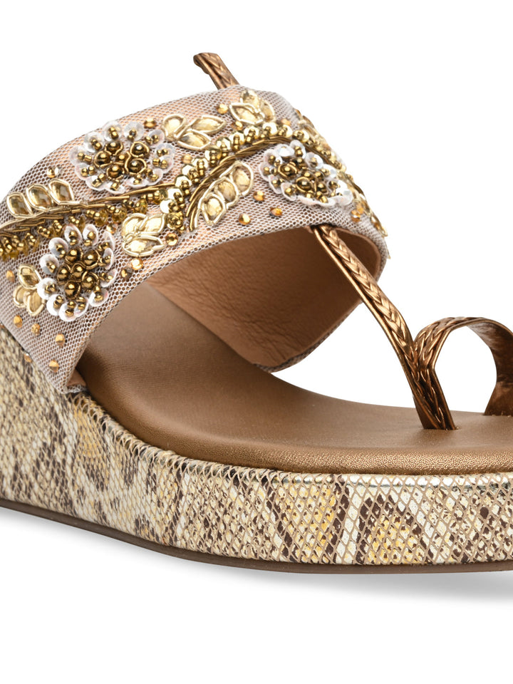 Rocia By Regal Antique Gold Women Heavy Embroidered One Toe Platforms