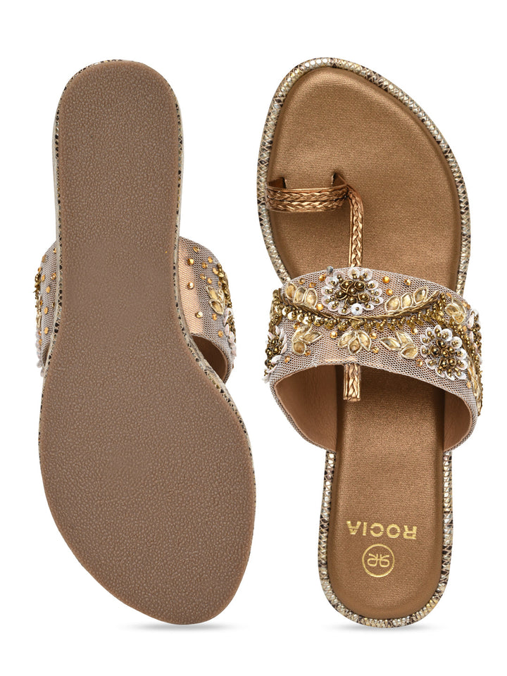 Rocia By Regal Antique Gold Women Heavy Embroidered One Toe Platforms