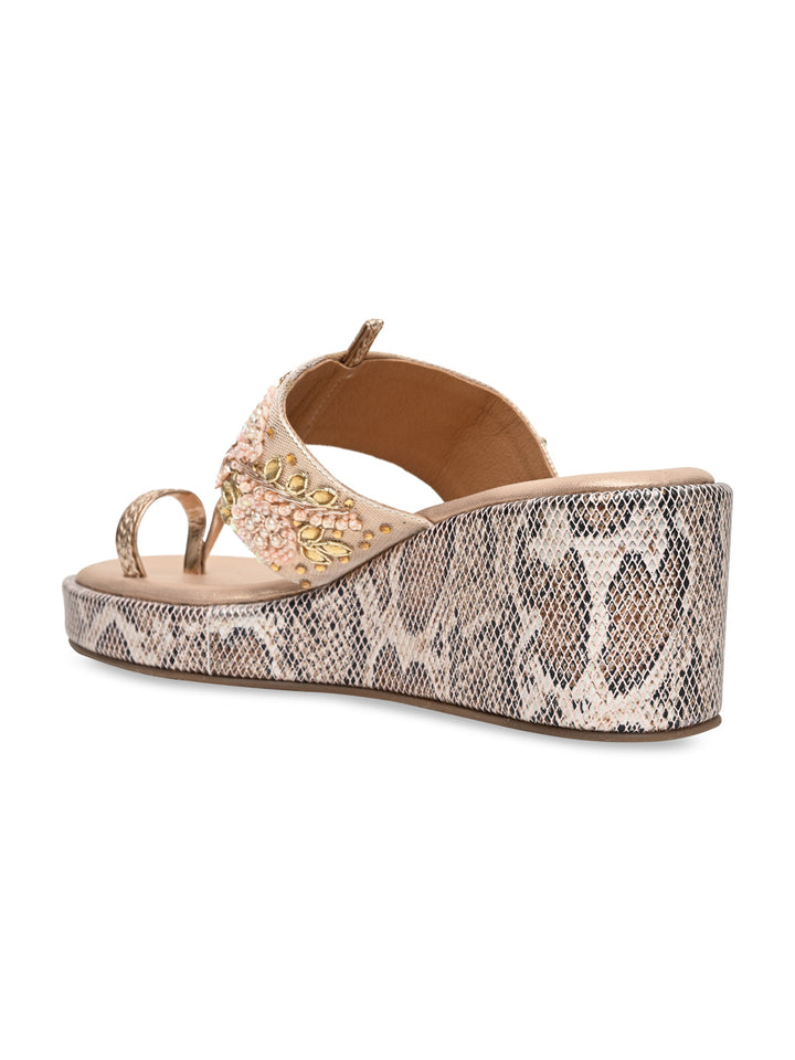 Rocia By Regal Rose Gold Women Heavy Embroidered One Toe Platforms