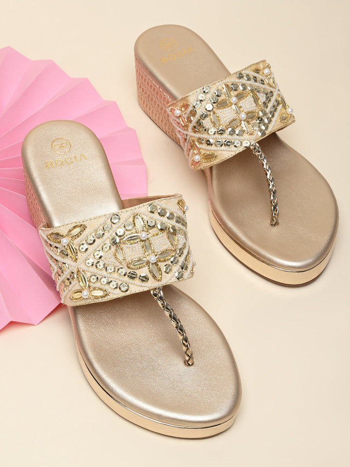 Rocia By Regal Gold Women Hand Embroidered Platforms