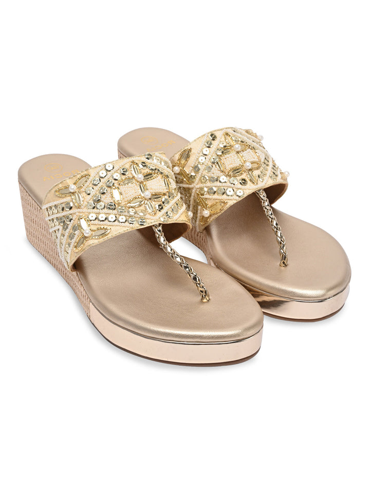 Rocia By Regal Gold Women Hand Embroidered Platforms