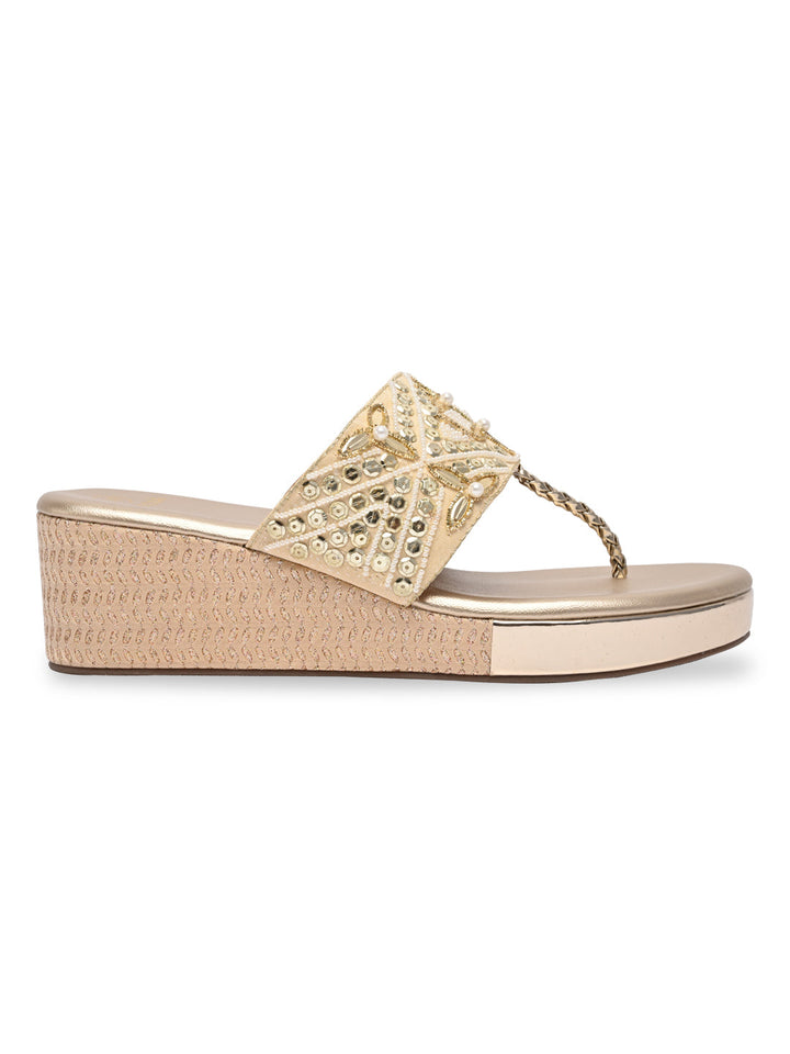 Rocia By Regal Gold Women Hand Embroidered Platforms