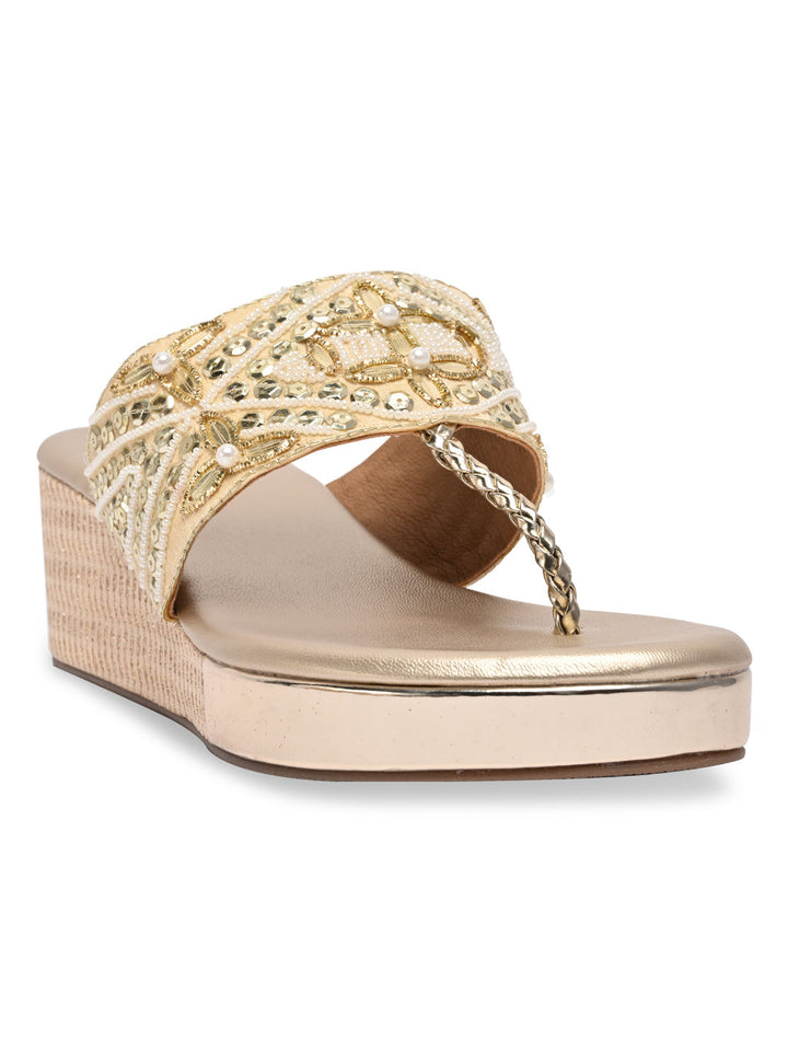 Rocia By Regal Gold Women Hand Embroidered Platforms