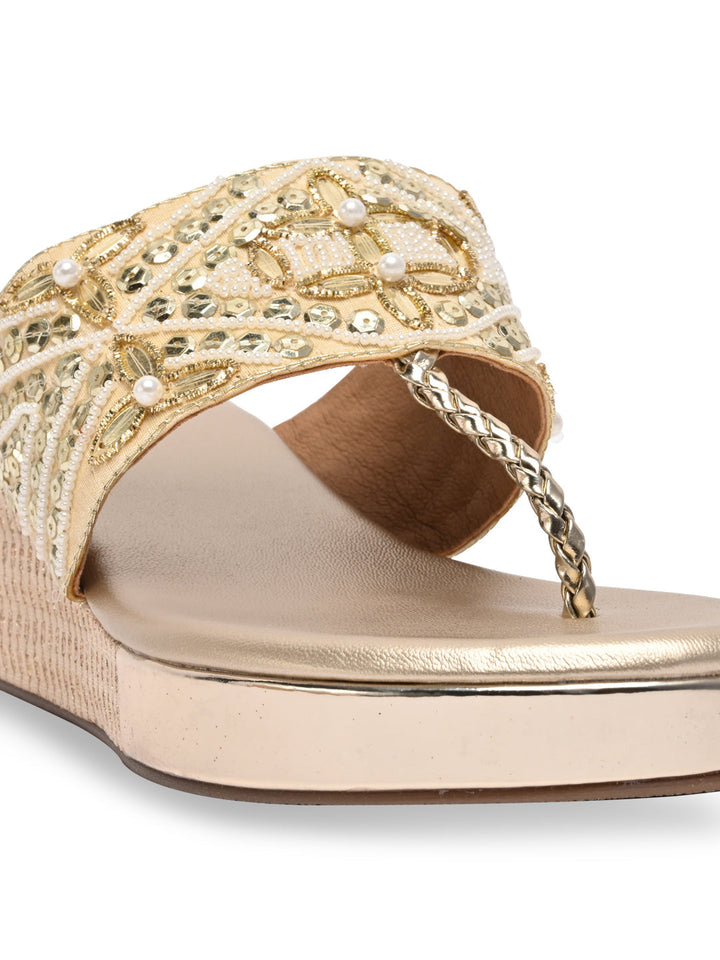 Rocia By Regal Gold Women Hand Embroidered Platforms