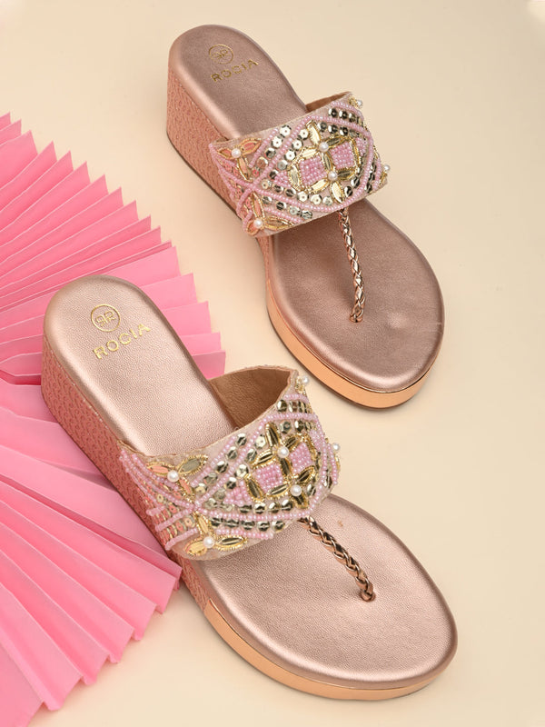 Rocia By Regal Rose Gold Women Hand Embroidered Platforms