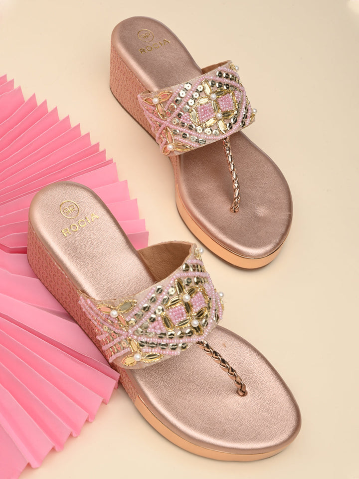 Rocia By Regal Rose Gold Women Hand Embroidered Platforms