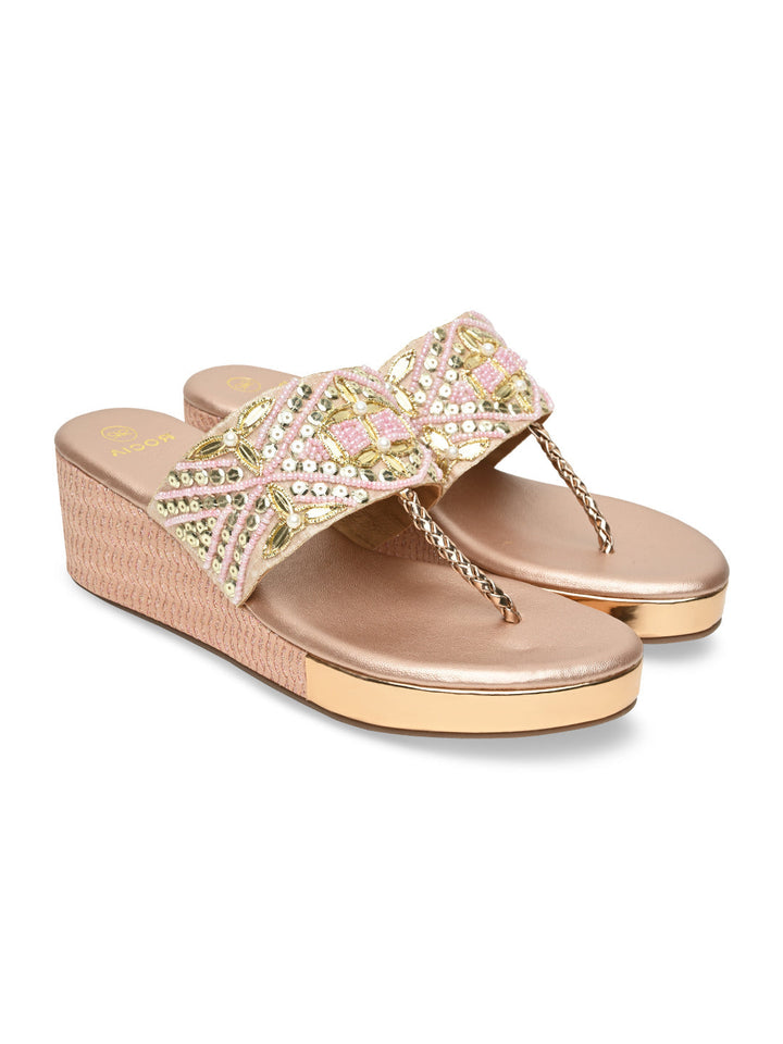 Rocia By Regal Rose Gold Women Hand Embroidered Platforms