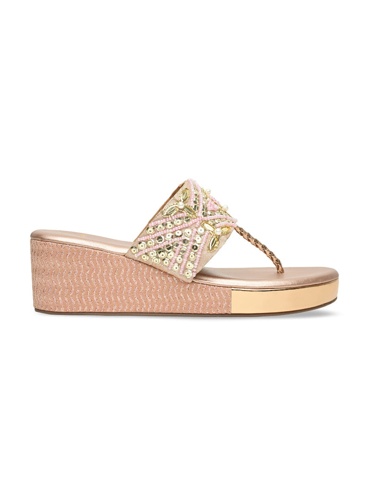 Rocia By Regal Rose Gold Women Hand Embroidered Platforms