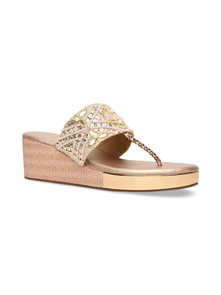 Rocia By Regal Rose Gold Women Hand Embroidered Platforms
