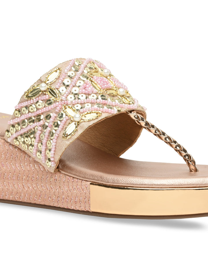 Rocia By Regal Rose Gold Women Hand Embroidered Platforms