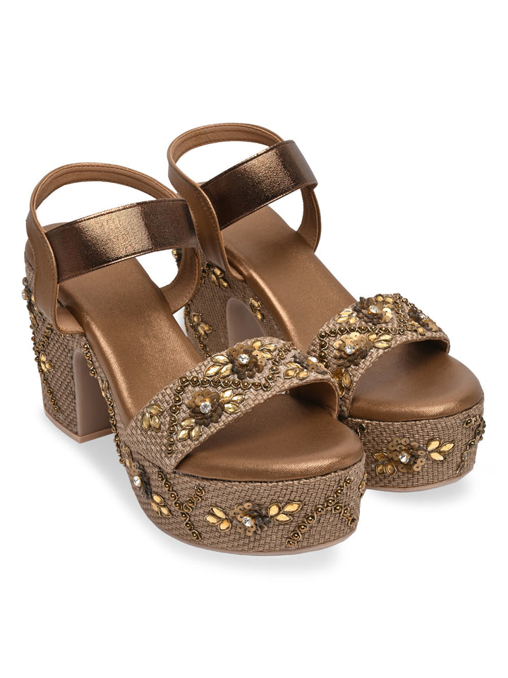 Rocia By Regal Antique Gold Women Embroidered High Heel Platforms