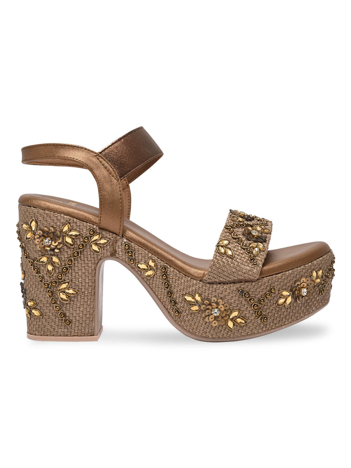 Rocia By Regal Antique Gold Women Embroidered High Heel Platforms