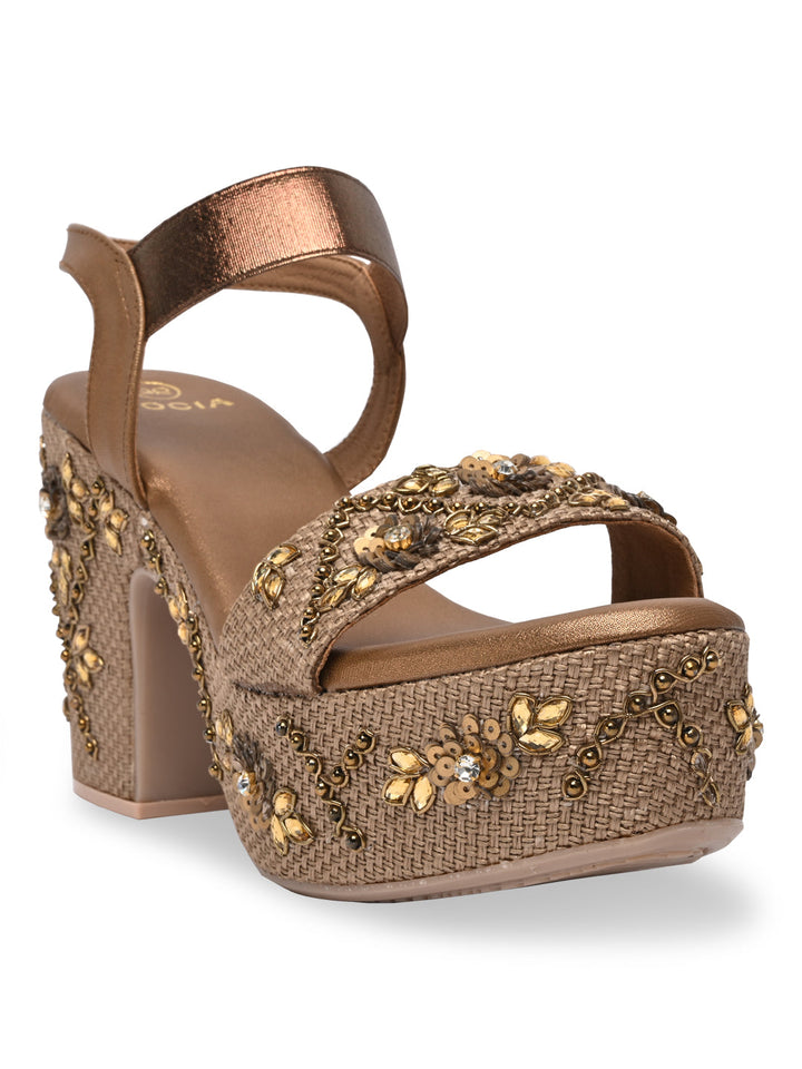 Rocia By Regal Antique Gold Women Embroidered High Heel Platforms