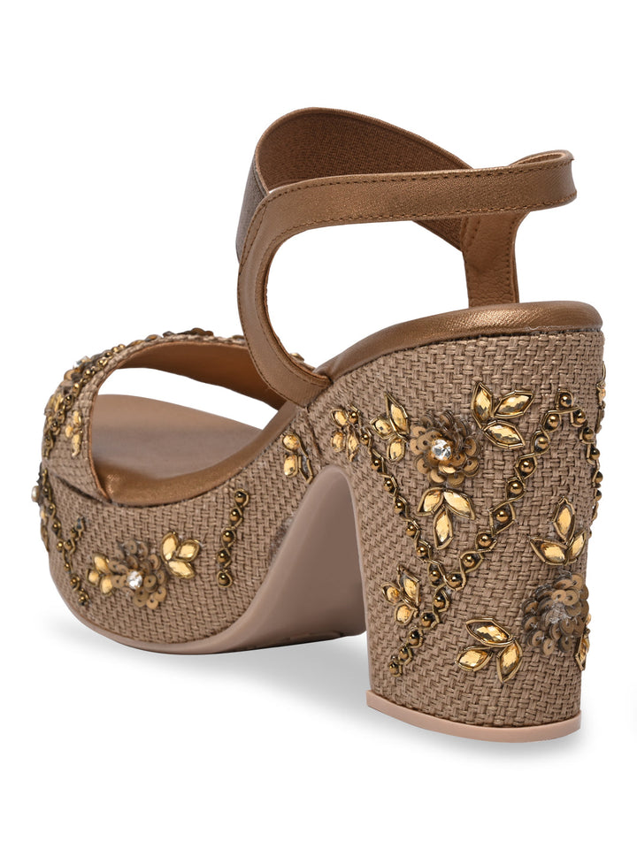 Rocia By Regal Antique Gold Women Embroidered High Heel Platforms