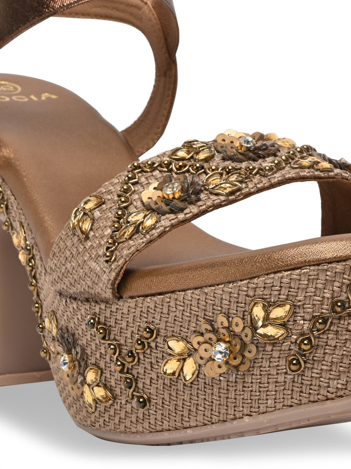 Rocia By Regal Antique Gold Women Embroidered High Heel Platforms