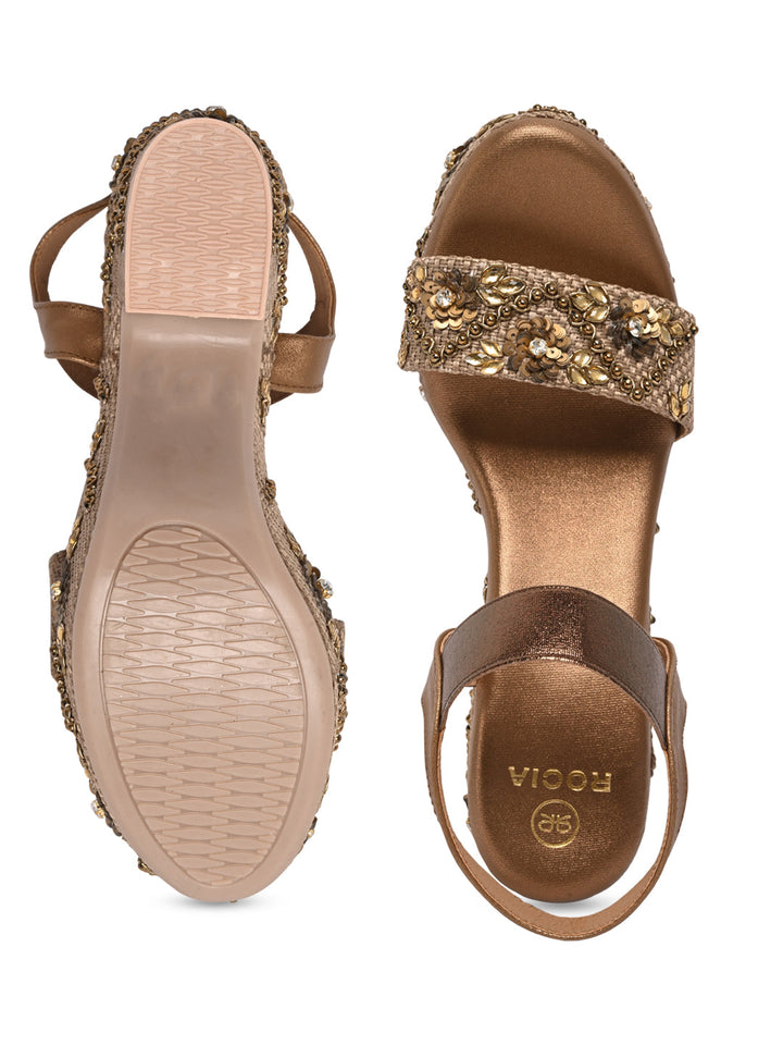 Rocia By Regal Antique Gold Women Embroidered High Heel Platforms