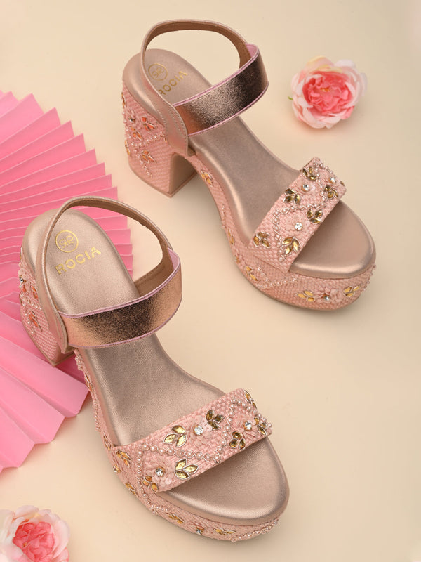 Rocia By Regal Rose Gold Women Embroidered High Heel Platforms