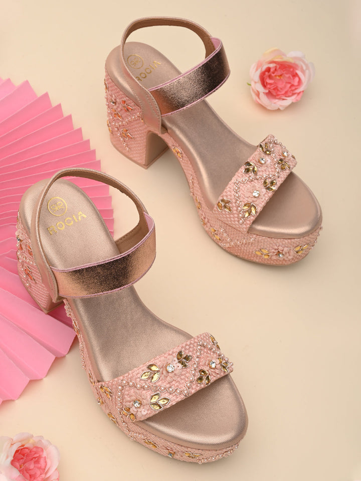 Rocia By Regal Rose Gold Women Embroidered High Heel Platforms