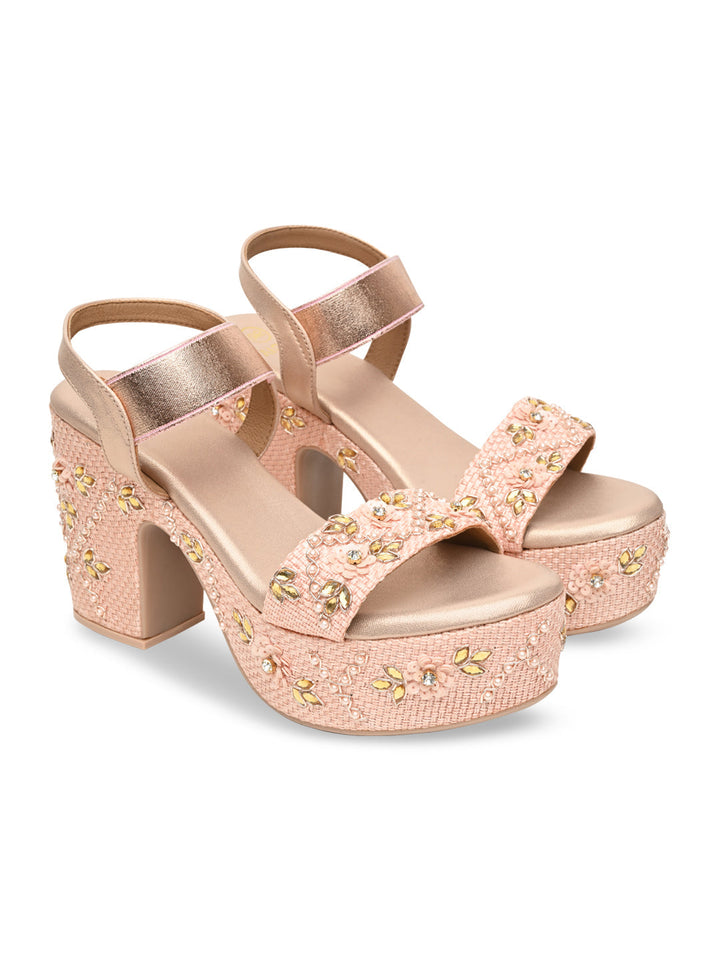 Rocia By Regal Rose Gold Women Embroidered High Heel Platforms