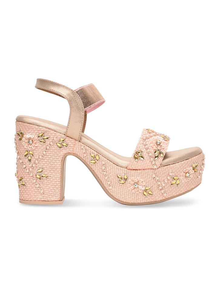 Rocia By Regal Rose Gold Women Embroidered High Heel Platforms