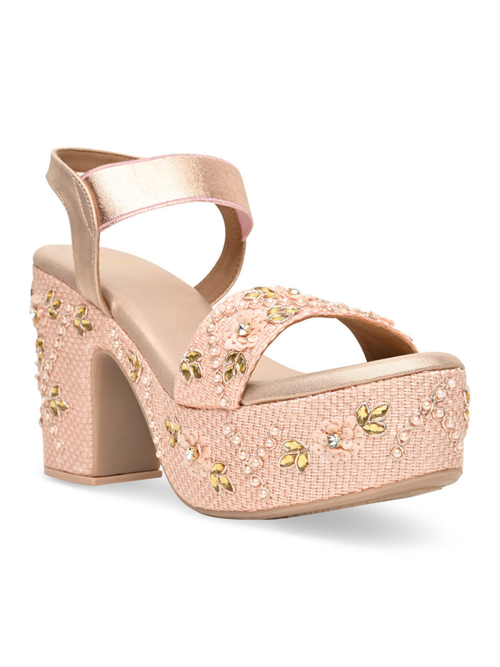 Rocia By Regal Rose Gold Women Embroidered High Heel Platforms