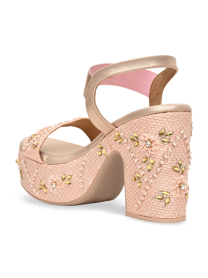 Rocia By Regal Rose Gold Women Embroidered High Heel Platforms