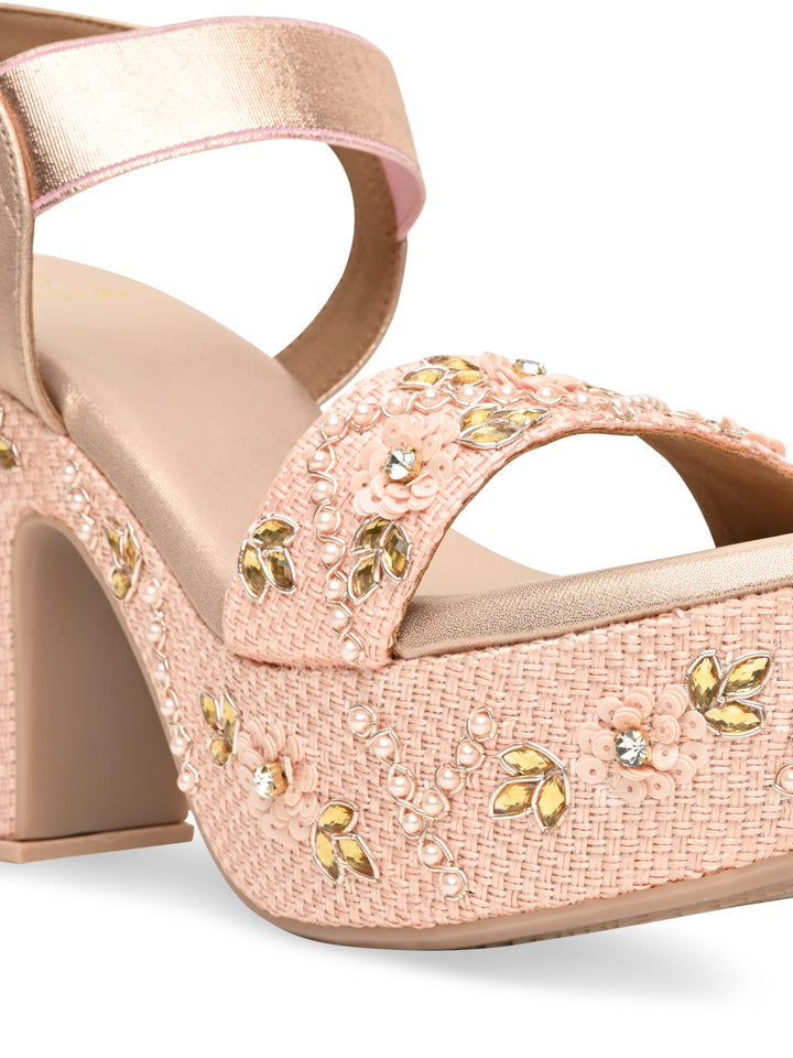 Rocia By Regal Rose Gold Women Embroidered High Heel Platforms