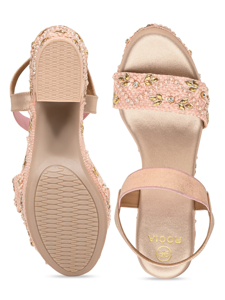 Rocia By Regal Rose Gold Women Embroidered High Heel Platforms