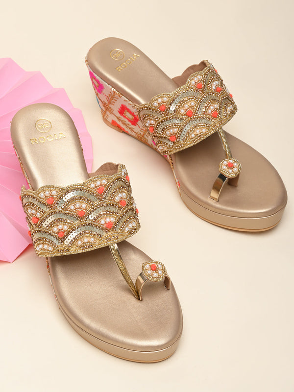 Rocia By Regal Gold Women One Toe Embroidered Platforms