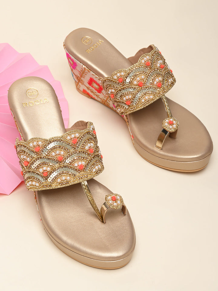 Rocia By Regal Gold Women One Toe Embroidered Platforms