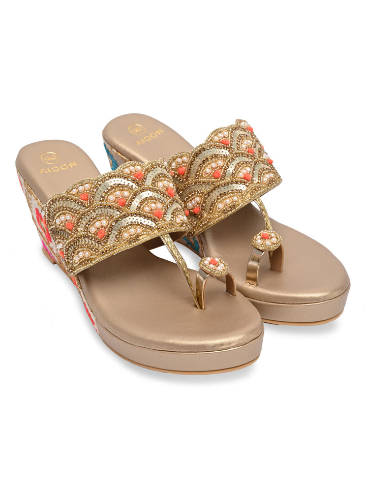 Rocia By Regal Gold Women One Toe Embroidered Platforms