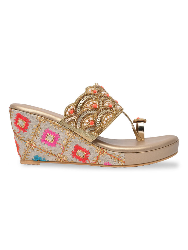 Rocia By Regal Gold Women One Toe Embroidered Platforms