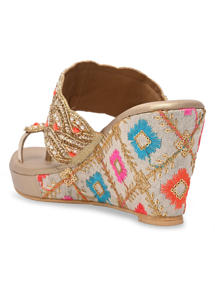 Rocia By Regal Gold Women One Toe Embroidered Platforms