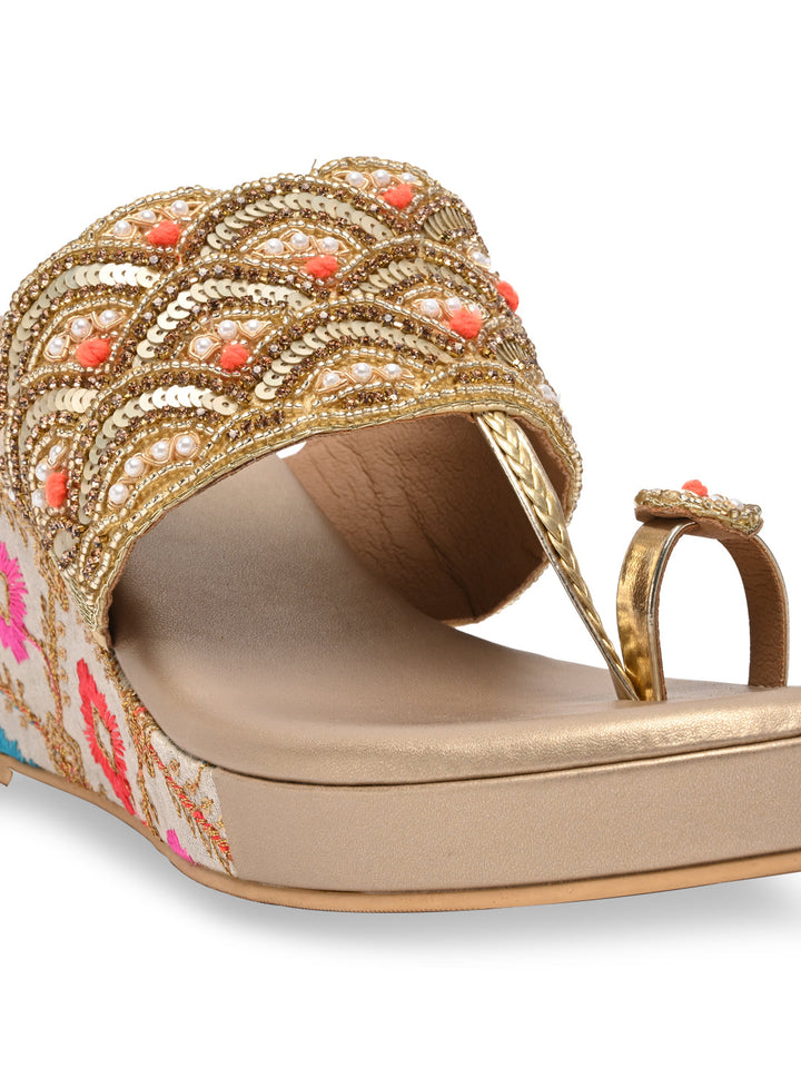 Rocia By Regal Gold Women One Toe Embroidered Platforms