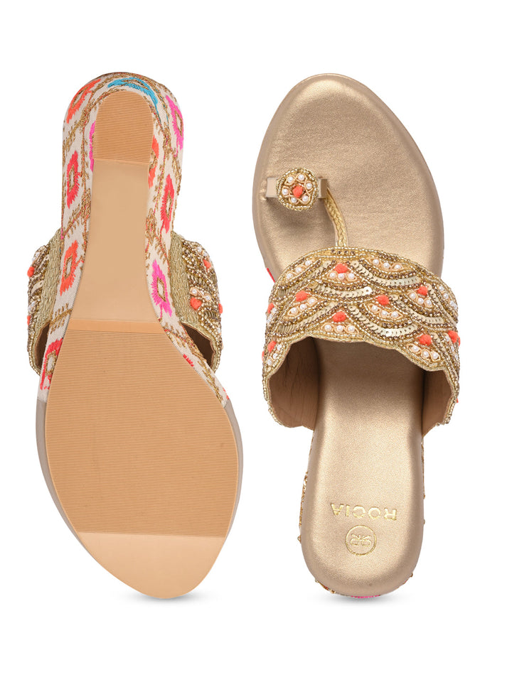Rocia By Regal Gold Women One Toe Embroidered Platforms