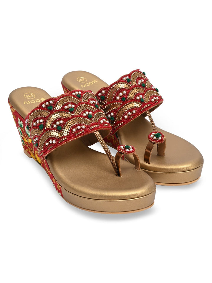 Rocia By Regal Red Women One Toe Embroidered Platforms