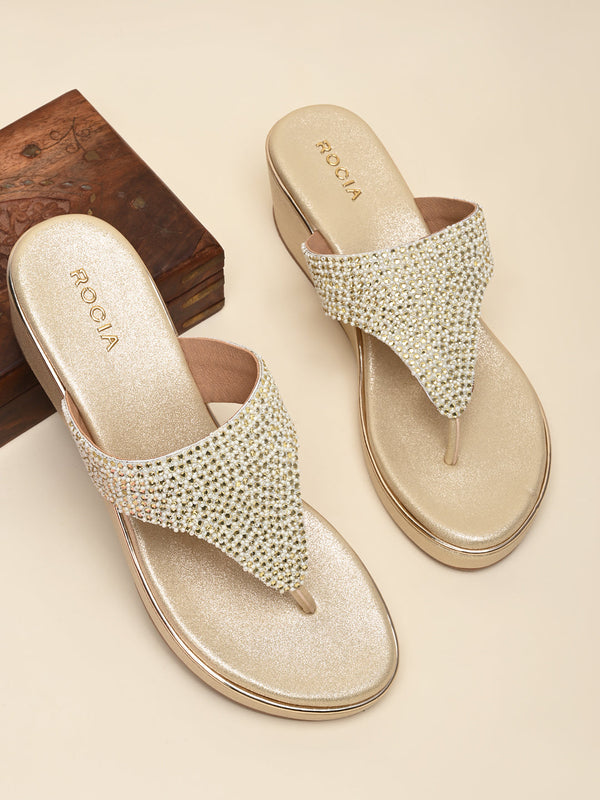 Rocia By Regal Gold Women Embroidered Platforms