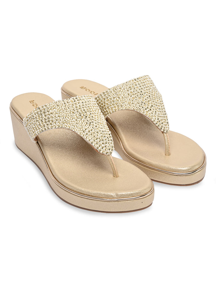 Rocia By Regal Gold Women Embroidered Platforms