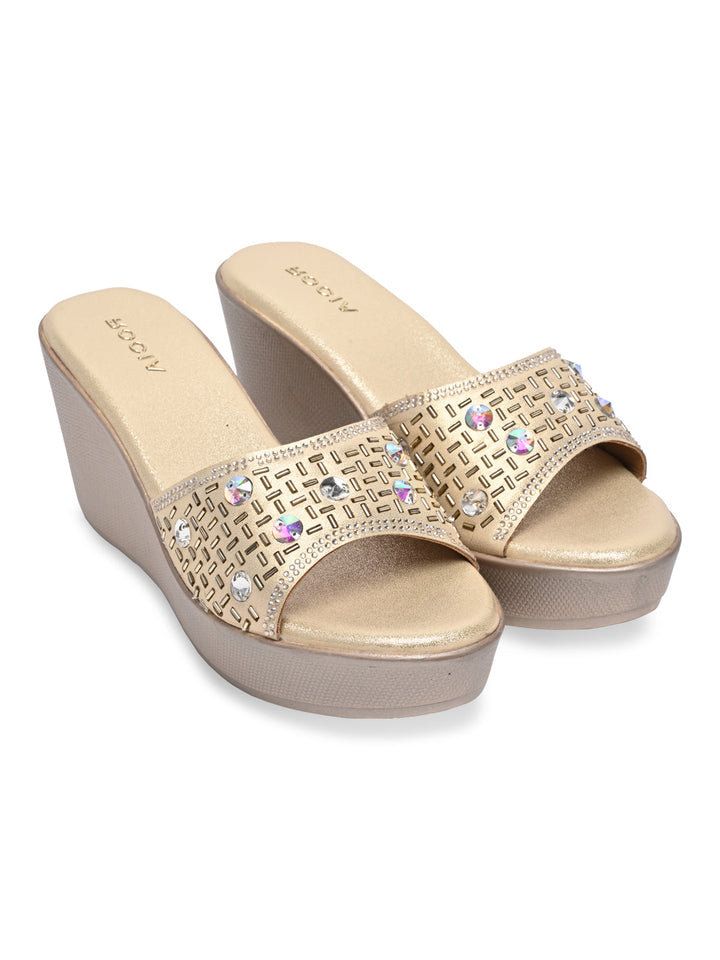 Rocia By Regal Gold Women Embroidered Platforms