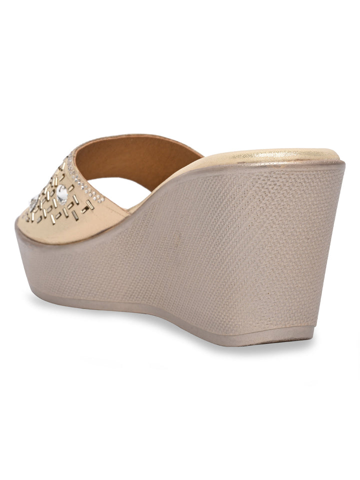 Rocia By Regal Gold Women Embroidered Platforms